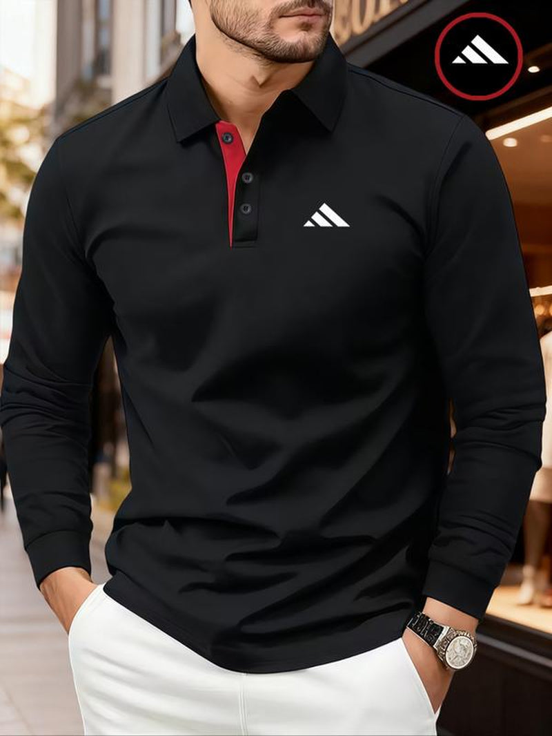 Men'S Solid Color Long Sleeve Polo Shirt, High-End Fashion Fabric, Comfortable, Casual Sports Wear, All Seasons, Golf Outdoor Activity