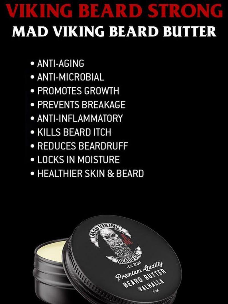 Mad Viking Beard Co. VALHALLA BEARD BUTTER 4Oz - Mango, Shea, Cocoa Butter with Sandalwood & Vanilla Scent - Non-Greasy, Moisturizing Beard Conditioner