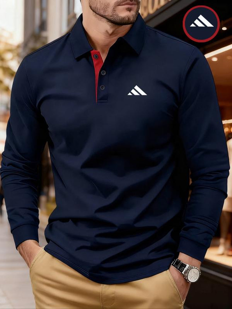 Men'S Solid Color Long Sleeve Polo Shirt, High-End Fashion Fabric, Comfortable, Casual Sports Wear, All Seasons, Golf Outdoor Activity