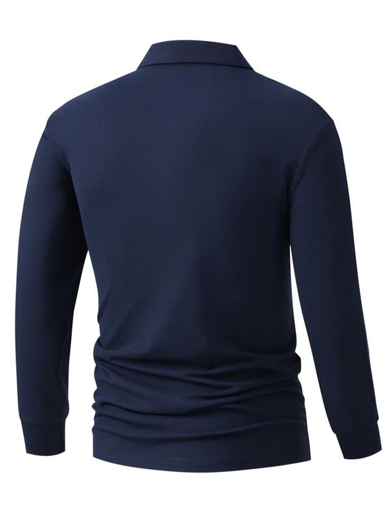 Men'S Solid Color Long Sleeve Polo Shirt, High-End Fashion Fabric, Comfortable, Casual Sports Wear, All Seasons, Golf Outdoor Activity