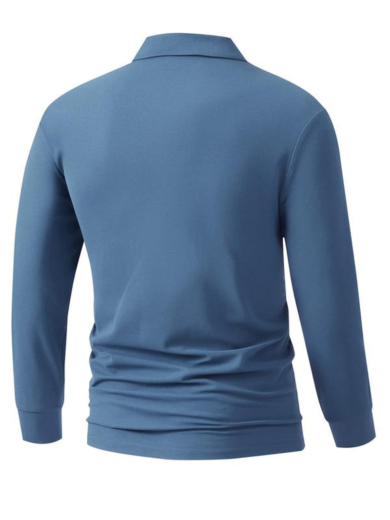 Men'S Solid Color Long Sleeve Polo Shirt, High-End Fashion Fabric, Comfortable, Casual Sports Wear, All Seasons, Golf Outdoor Activity
