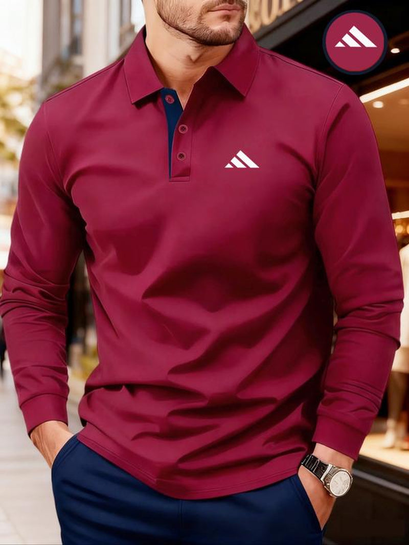 Men'S Solid Color Long Sleeve Polo Shirt, High-End Fashion Fabric, Comfortable, Casual Sports Wear, All Seasons, Golf Outdoor Activity