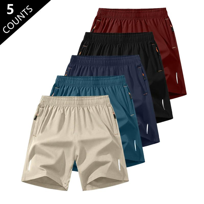 5-Pack, Men'S Solid Color Zipper Pocket Shorts - Summer Casual Comfortable Breathable Three-Quarter Pants, Men'S Everyday Bottoms, Tropical Beige, 5-Pack