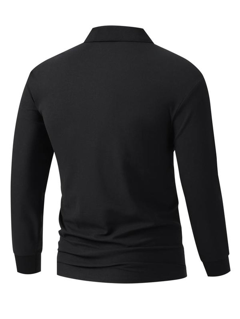 Men'S Solid Color Long Sleeve Polo Shirt, High-End Fashion Fabric, Comfortable, Casual Sports Wear, All Seasons, Golf Outdoor Activity