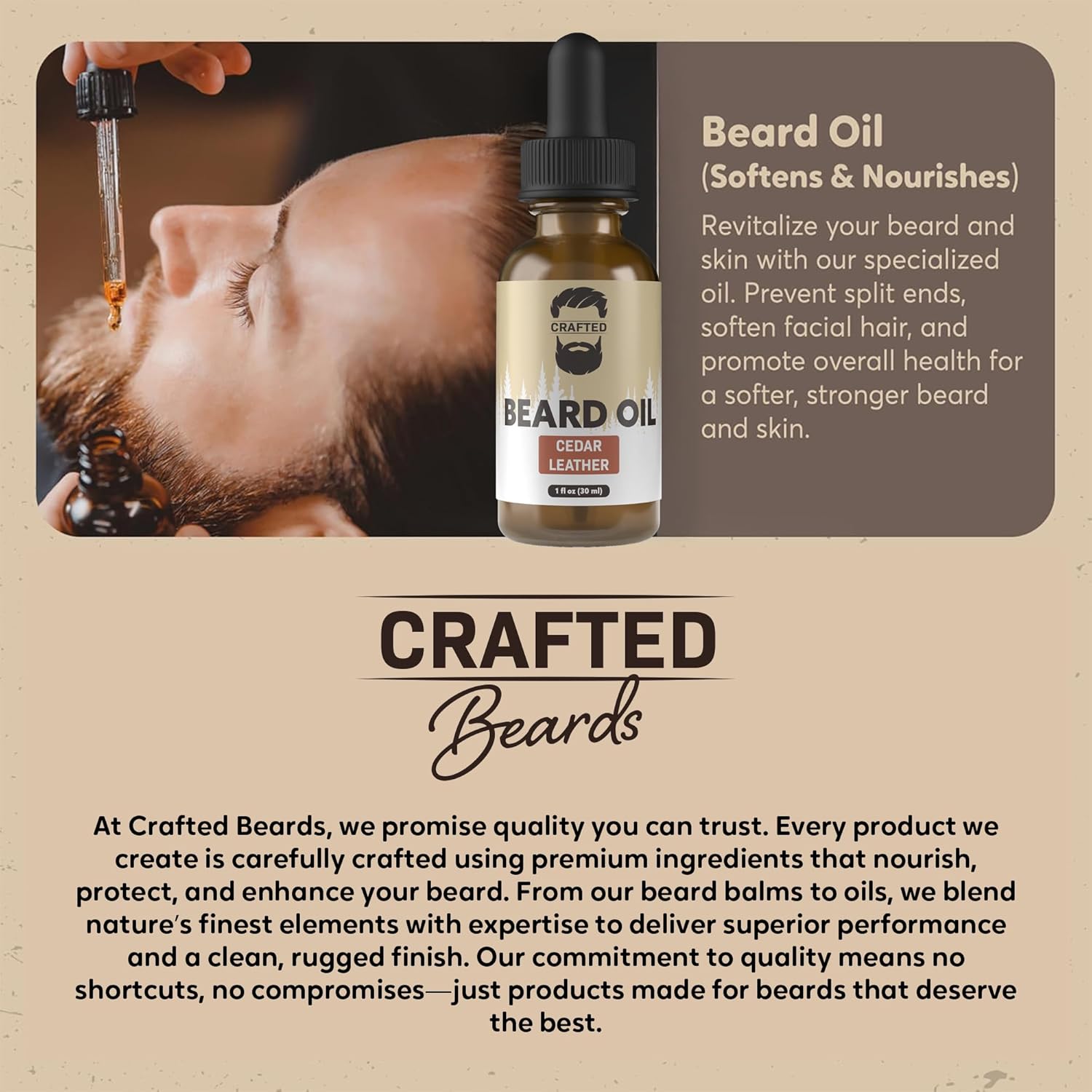 Beard Oil - Cedar & Leather Scent, All Natural Conditioner, No Residue, 1oz Made in USA
